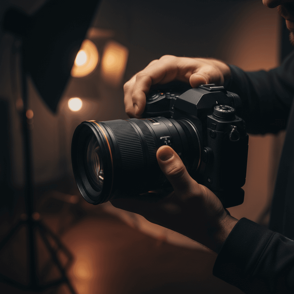 Photographer adjusting camera lens with precision