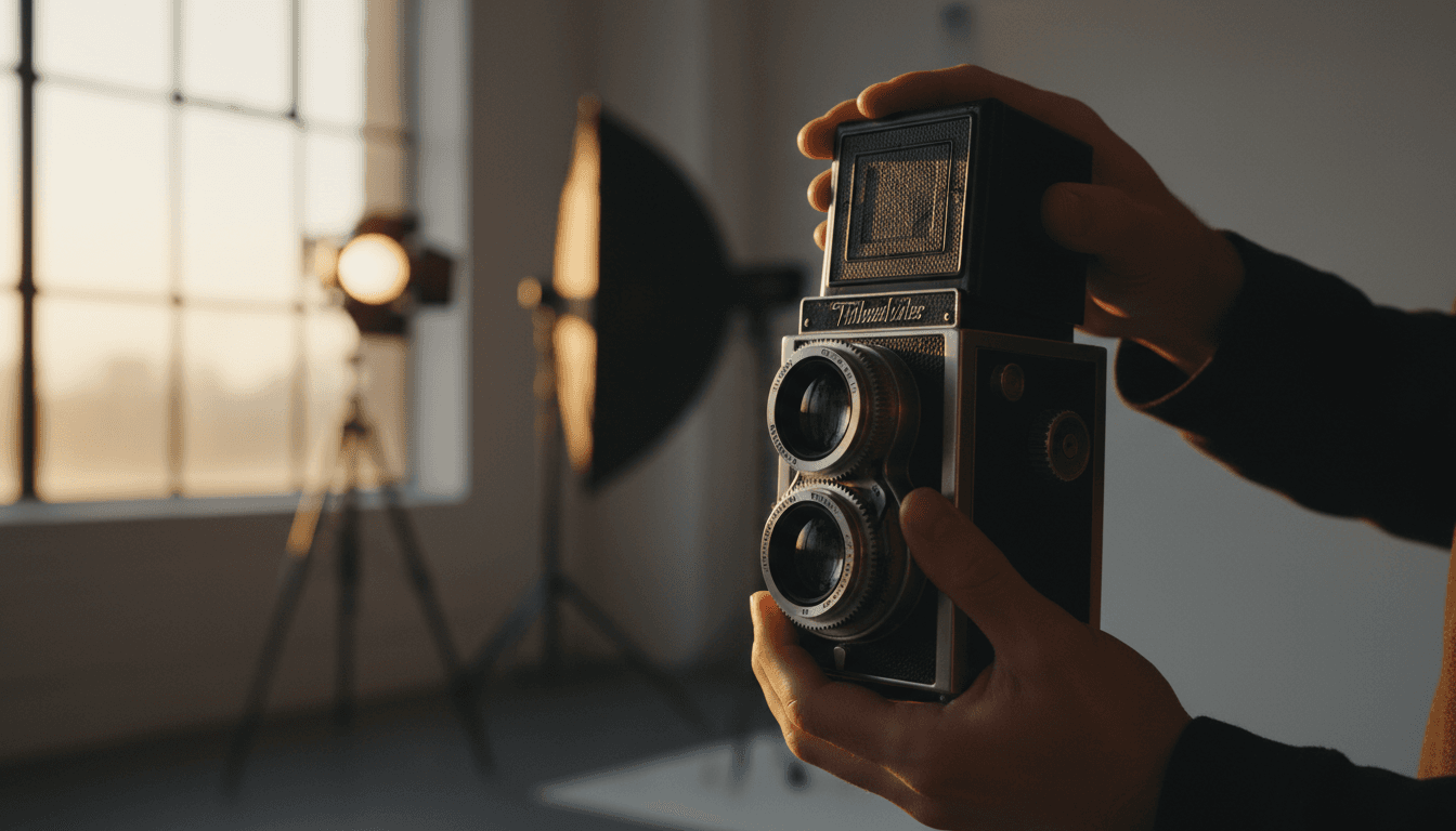 Photographer adjusting a professional camera with careful precision in a studio setting