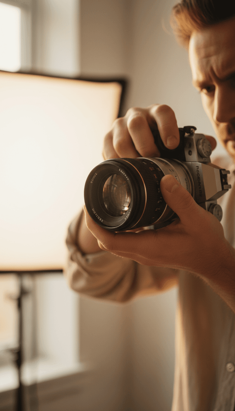 Photographer adjusting camera lens with focused precision