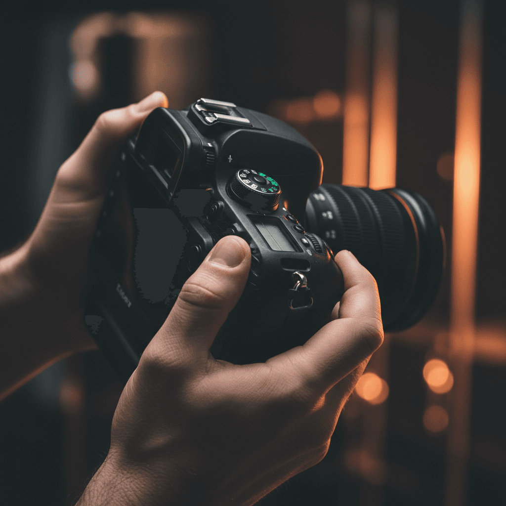 Photographer adjusting camera settings