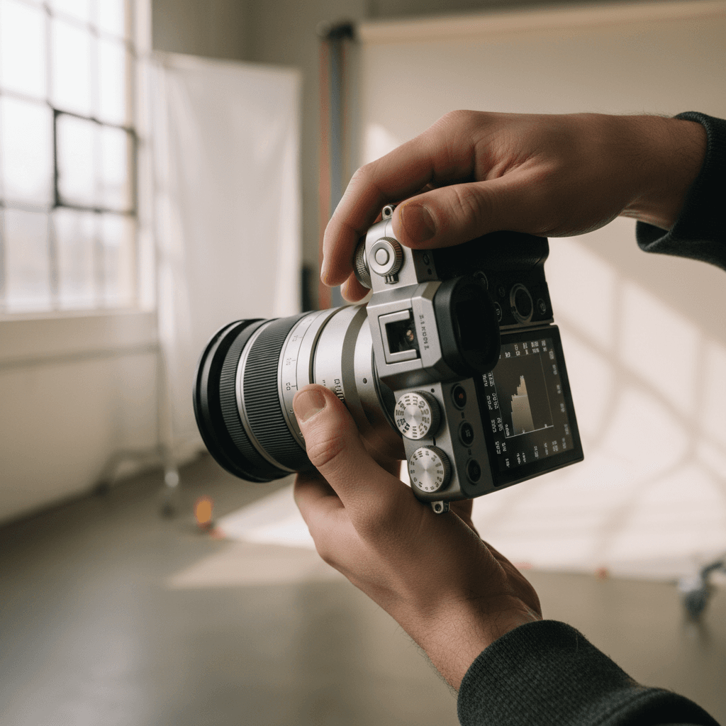 Photographer adjusting professional camera settings