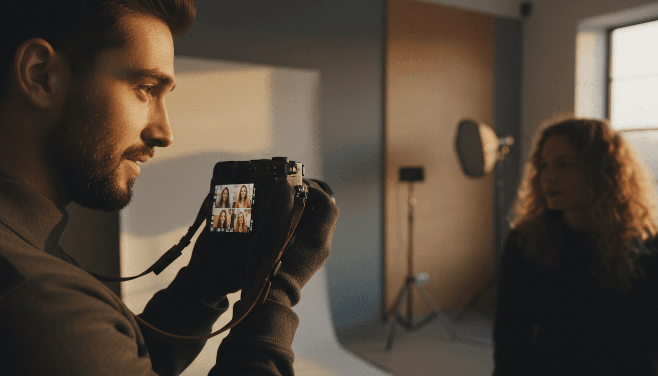 Photographer reviewing professional images with client during a consultation session