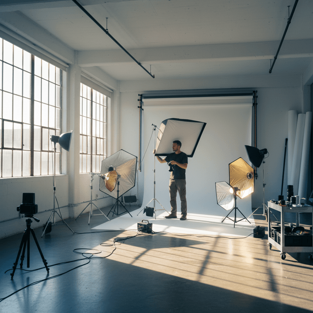 Setting up professional lighting and studio equipment before a shoot