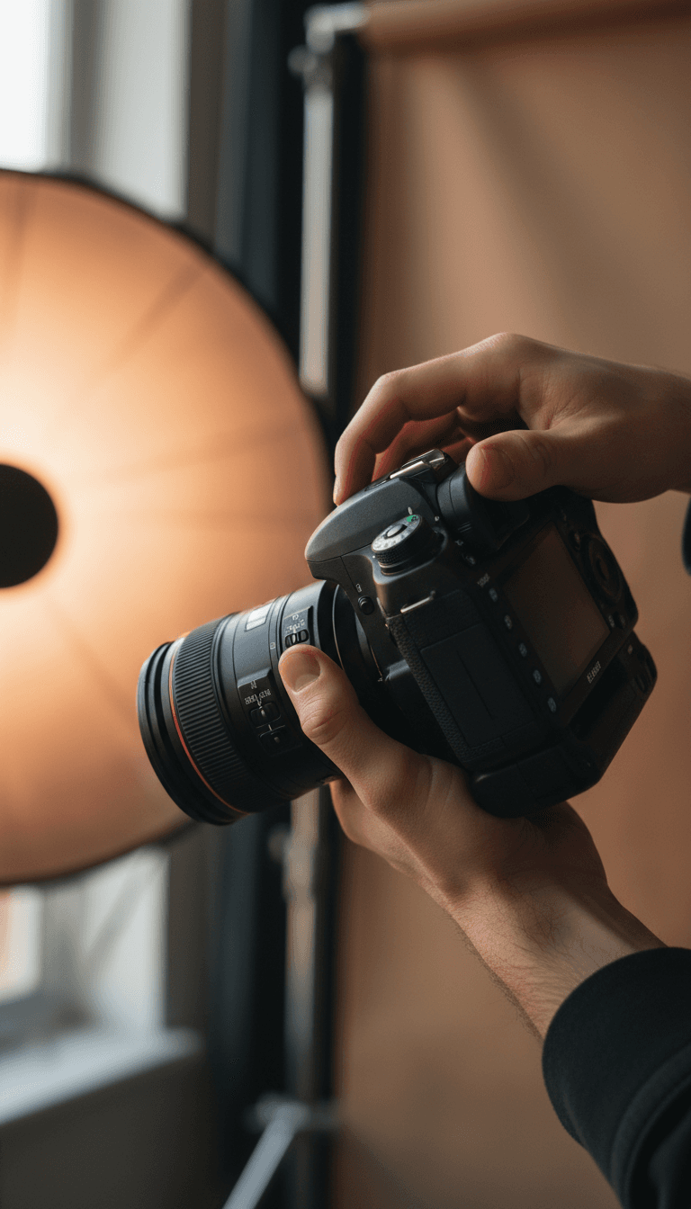 Photographer adjusting professional camera settings in studio