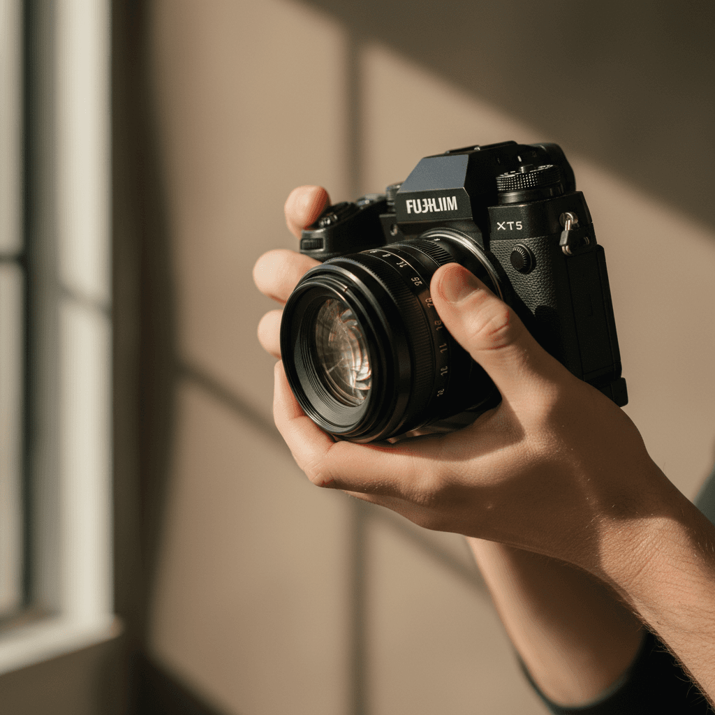 Photographer adjusting camera settings in studio