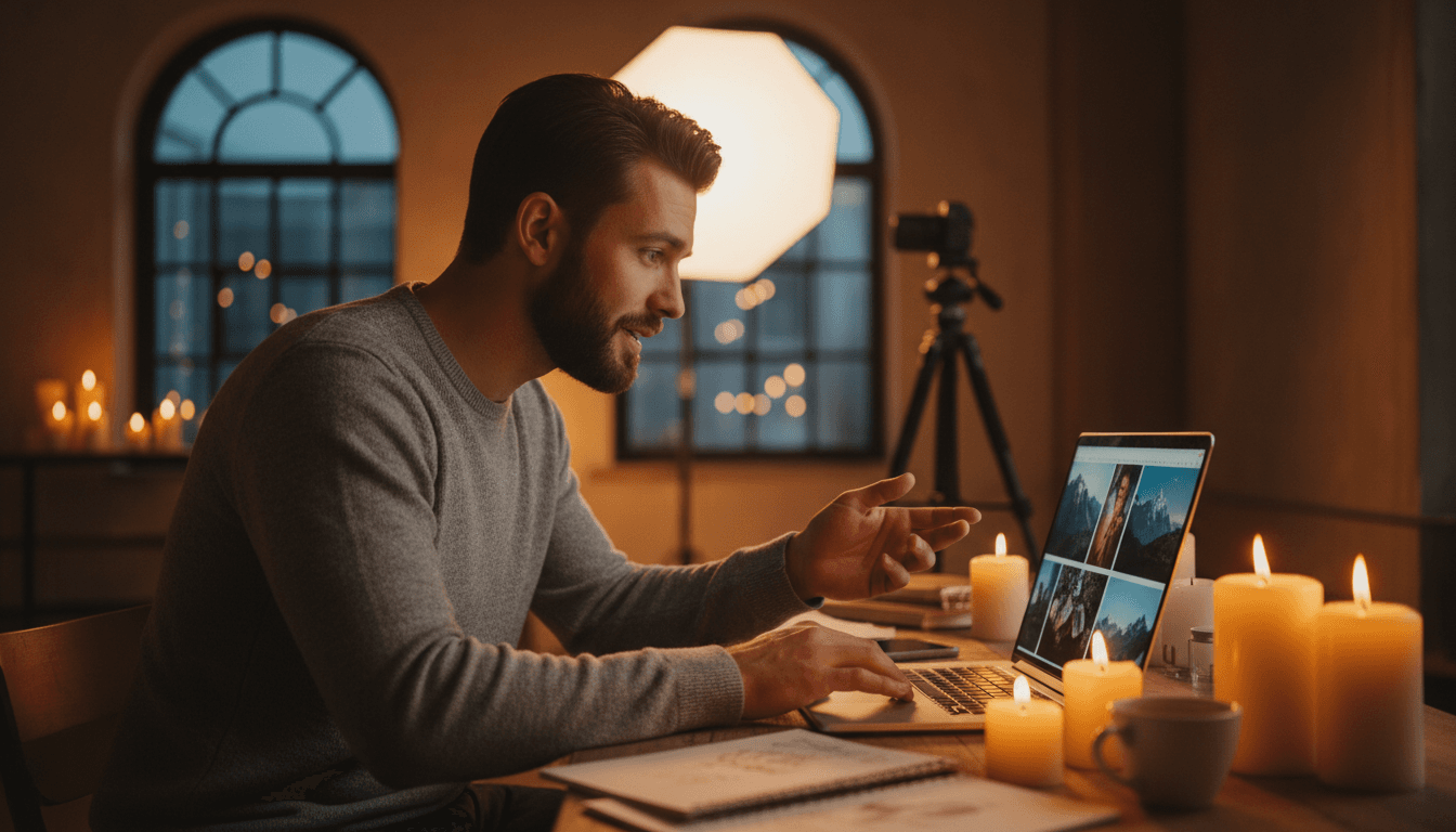 Photographer reviewing edited images on a laptop in a Greenville studio