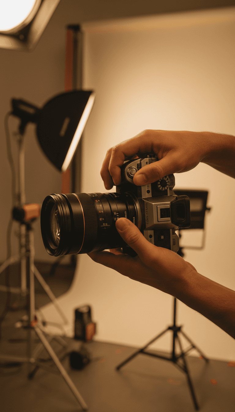 Photographer adjusting camera during professional shoot in Greenville studio